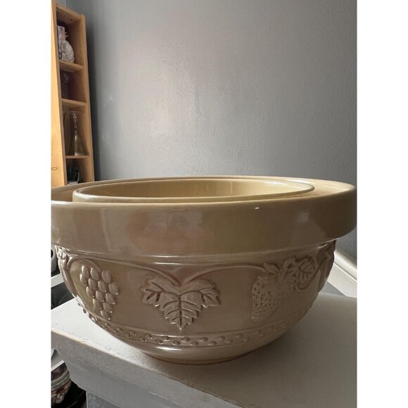 VINTAGE Stoneware Mixing Bowls Set of 2 (10" & 8") | Embossed Fruit Grapes Pear - Picture 8 of 8